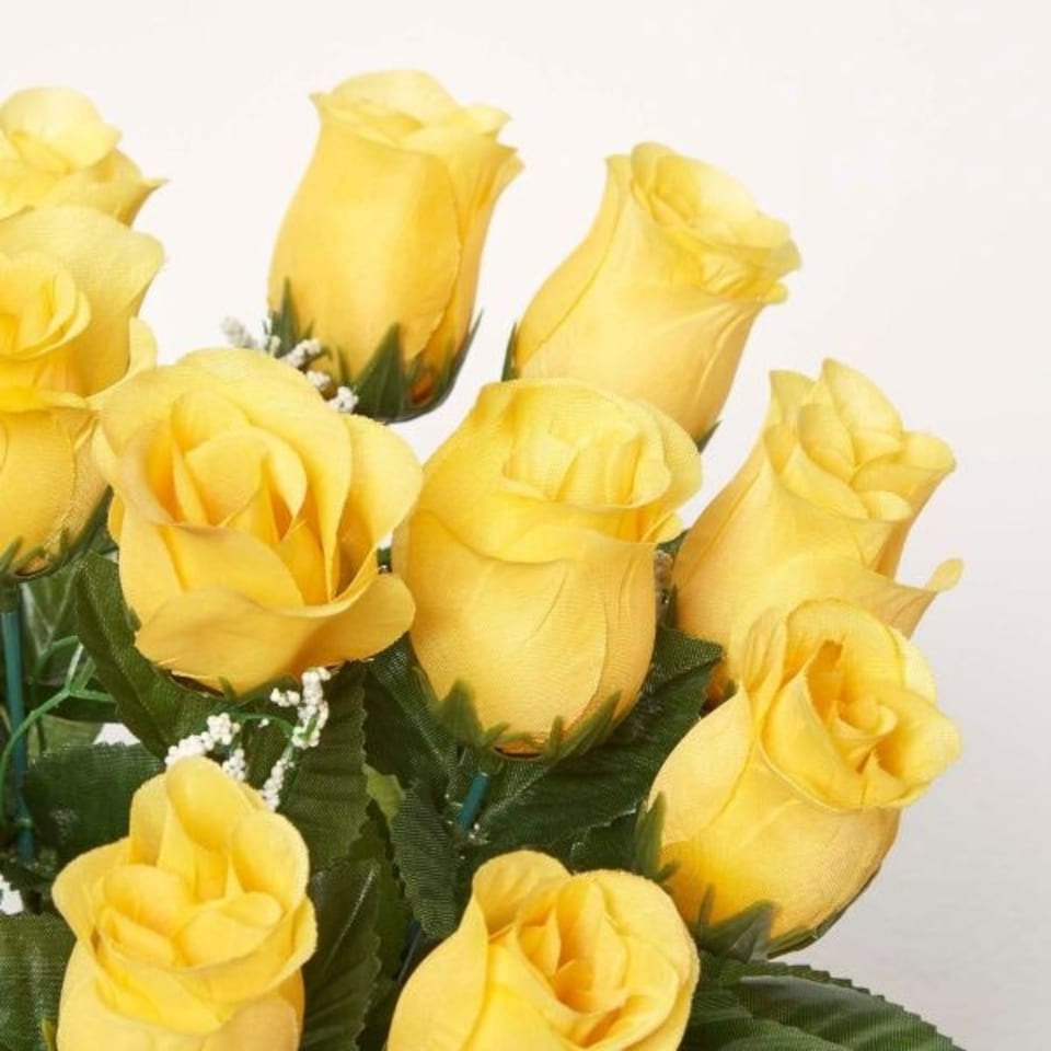 image 1 of Homescapes Set of 3 Artificial Rosebuds with Gypsohila in Grave Vase