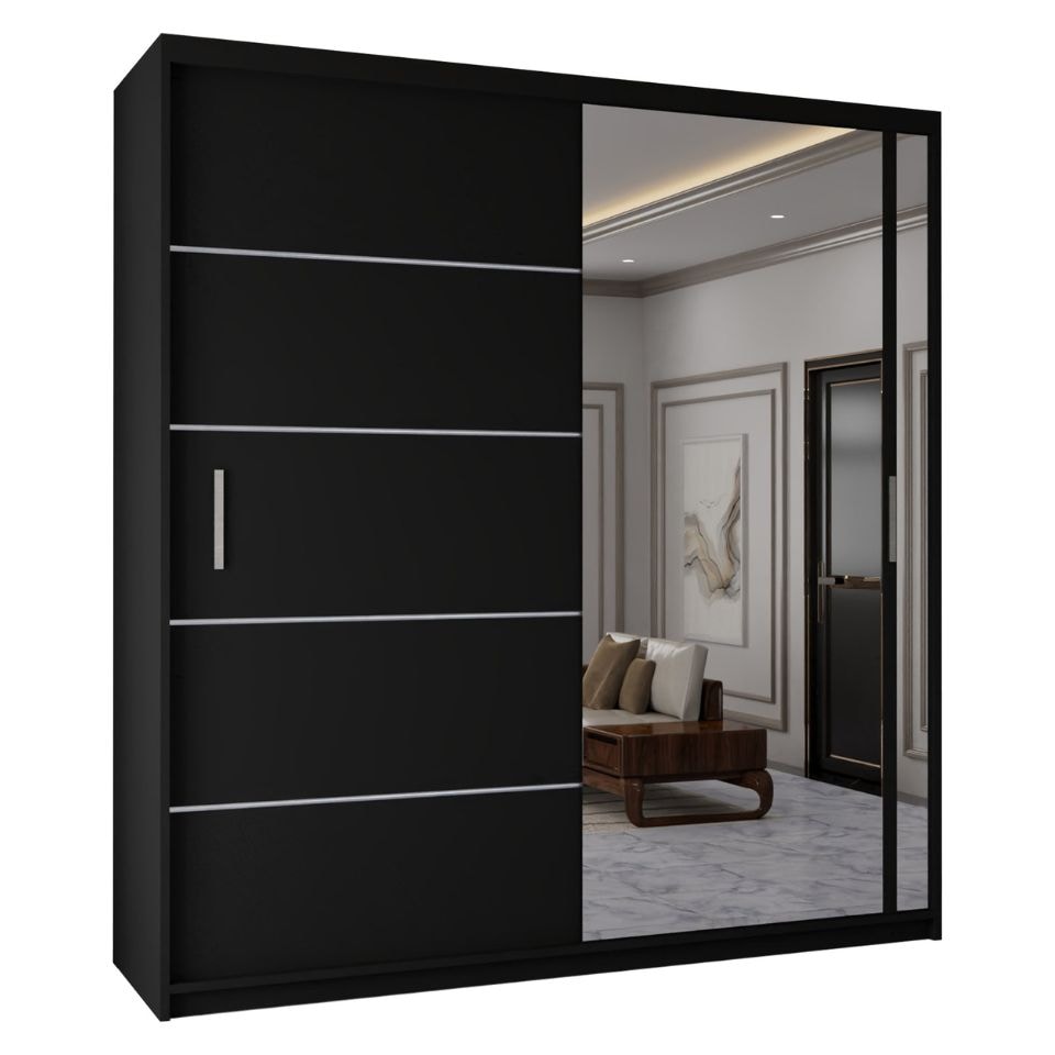 image 1 of Sliding Wardrobes 4u Modern Sliding Door Wardrobe with Full Mirror | 120cm, 150cm, 180cm and 203cm | White, Black, Grey & Oak | Black | 203cm