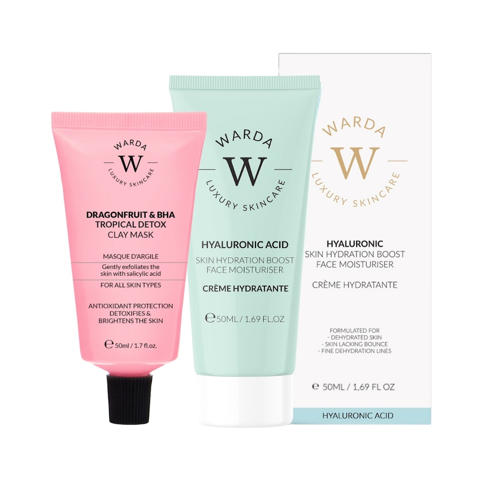 image 1 of Warda Luxury Skincare Skin Hydration Boost Hyaluronic Acid Moisturiser 50ml + Dragonfruit & BHA Tropical Detox Clay Mask 50ml