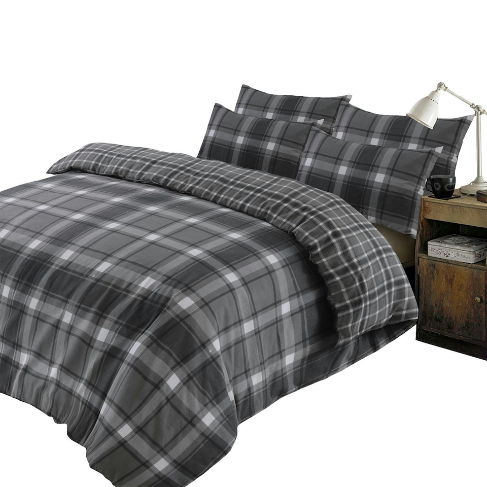 OHS Aspen Flannelette Tartan Check Reversible Thermal Duvet Cover and Pillowcase Set, Super King - Grey
