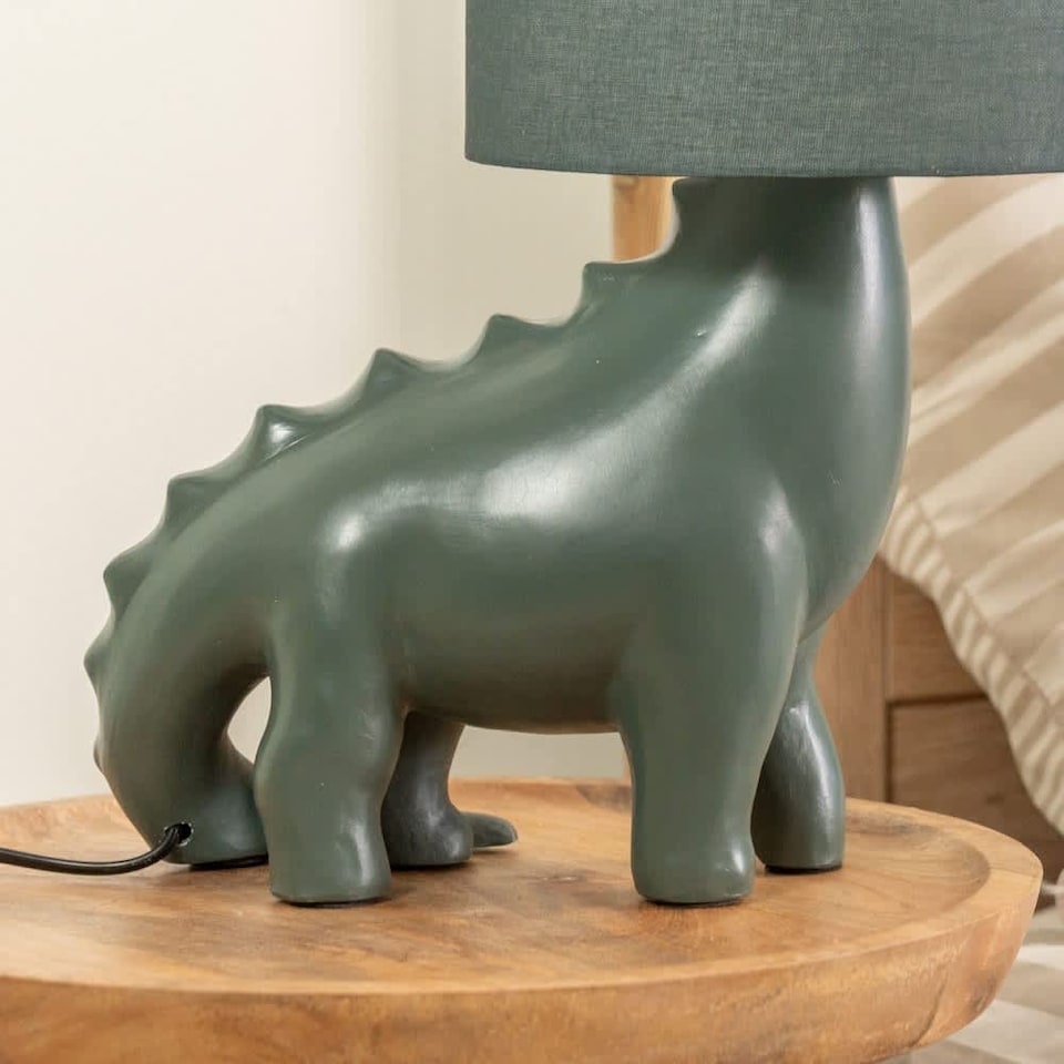 image 1 of ValueLights Kids Green Dinosaur Bedside Table Lamp with Drum Fabric Shade - Including Bulb | Green