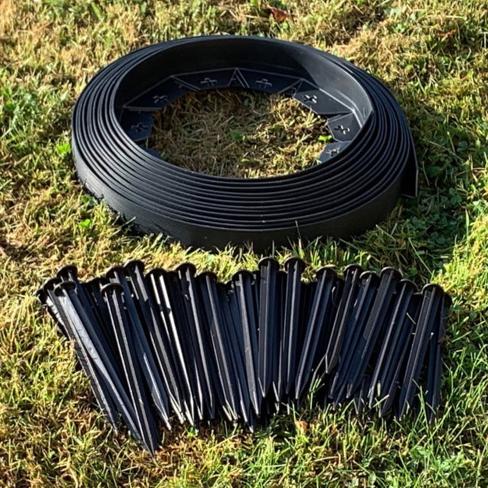 image 1 of Flexible Black Plastic Garden Lawn Edging with 40 Pegs (10m) - 3 Rolls