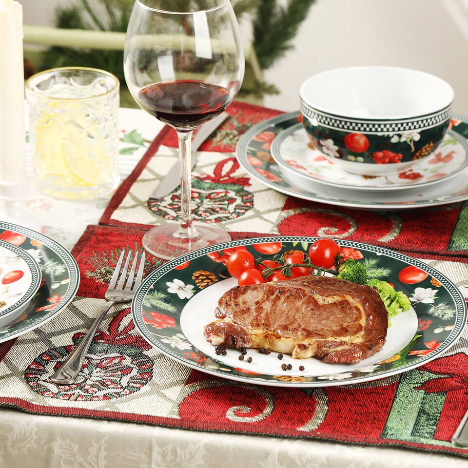 image 1 of simpa 24PC Christmas Flora Orchard Ceramic Dinner Set.
