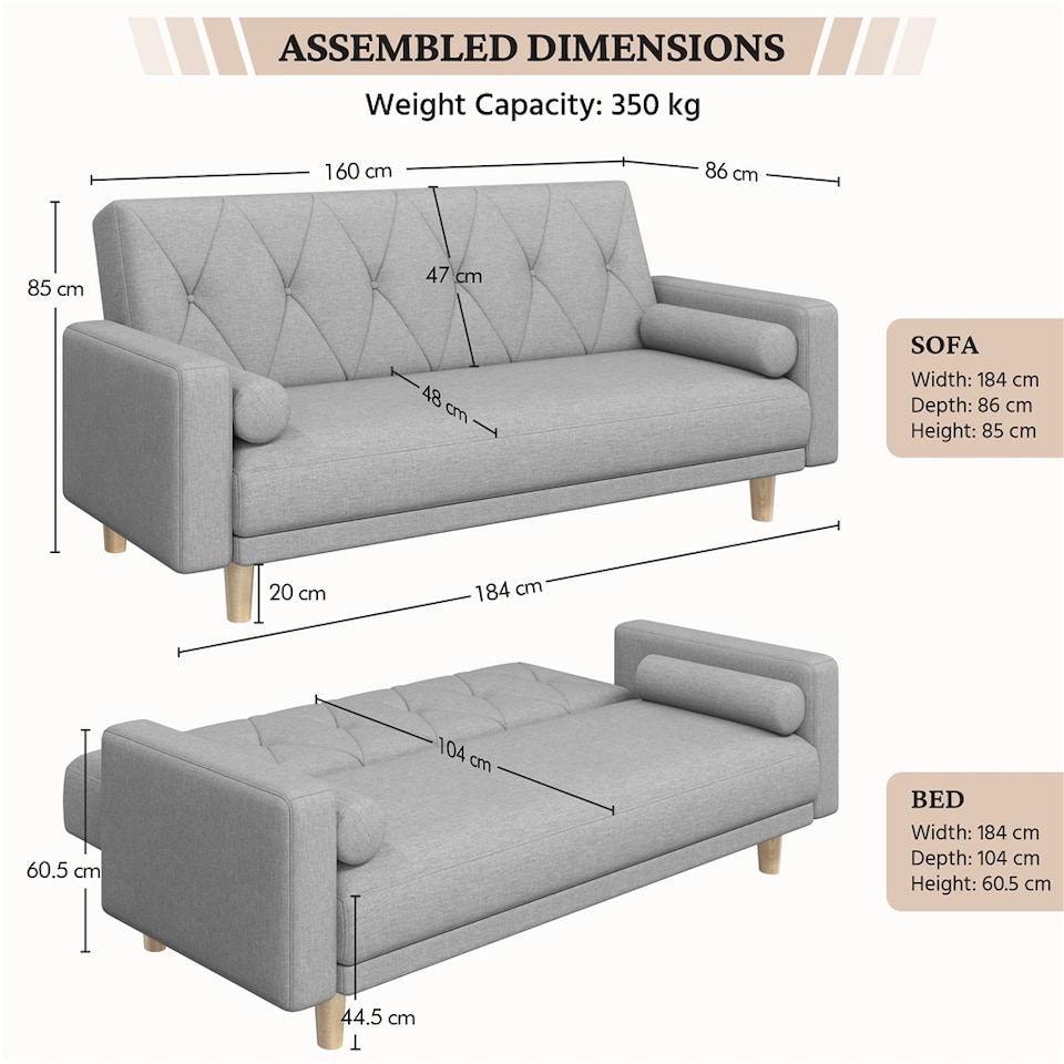 image 1 of Yaheetech Fabric Convertible Sofa Bed with 2 Bolster Pillows-Light Grey