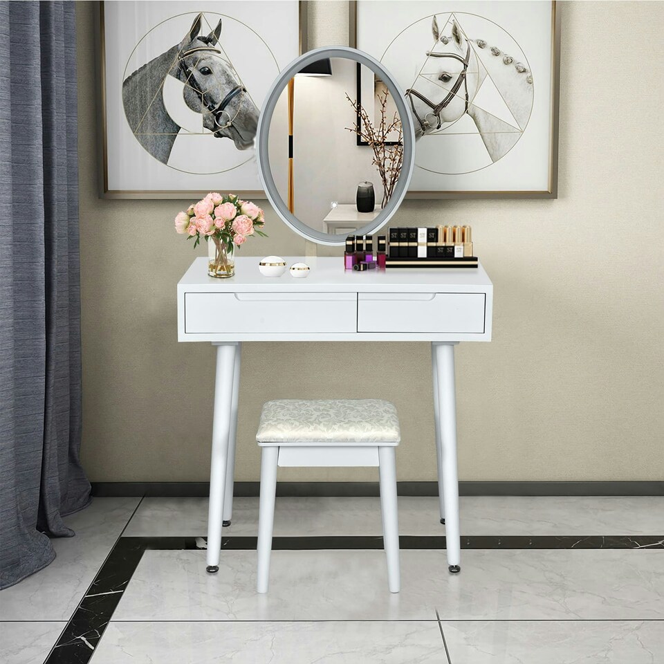 image 1 of COSTWAY Makeup Vanity Dressing Table Set with Lighted Mirror White
