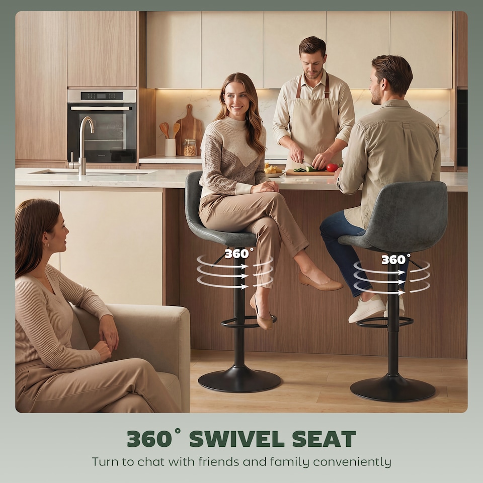 image 1 of HOMCOM Bar Stools Set of 2, Modern Swivel Barstools for Dining Room | Black | Green | 37 x 44 x 82-104 cm