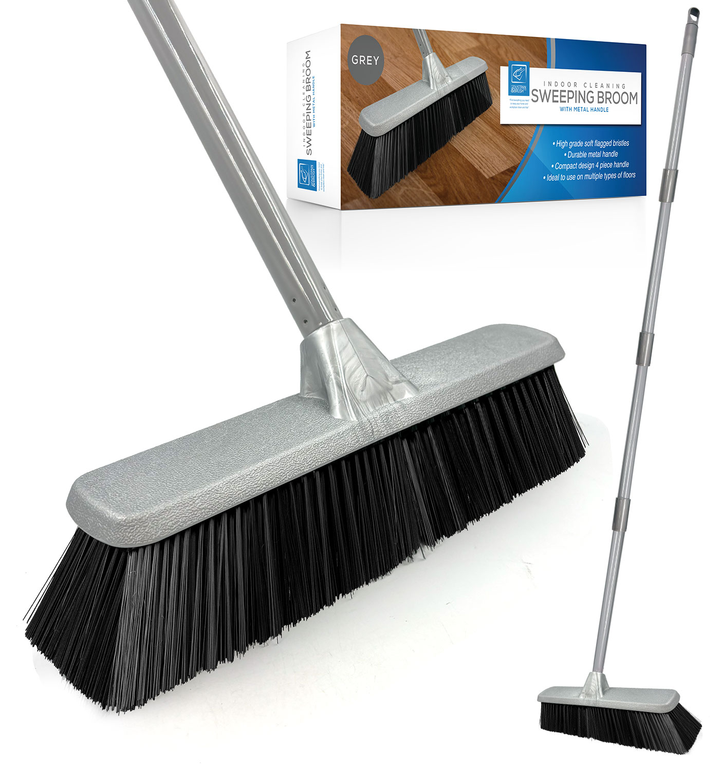 Soft Indoor Broom Perfect for Laminate, Vinyl or Wooden Floor with Multi-section Handle and Flagged Bristle