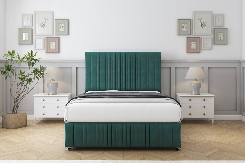 image 1 of Sloomy Kingsley Emerald Plush Divan Bed Base 4 Drawers With 54 Inch Floor Standing Headboard & 12 Inch Matching Footboard | Green | Emerald | Double | 1