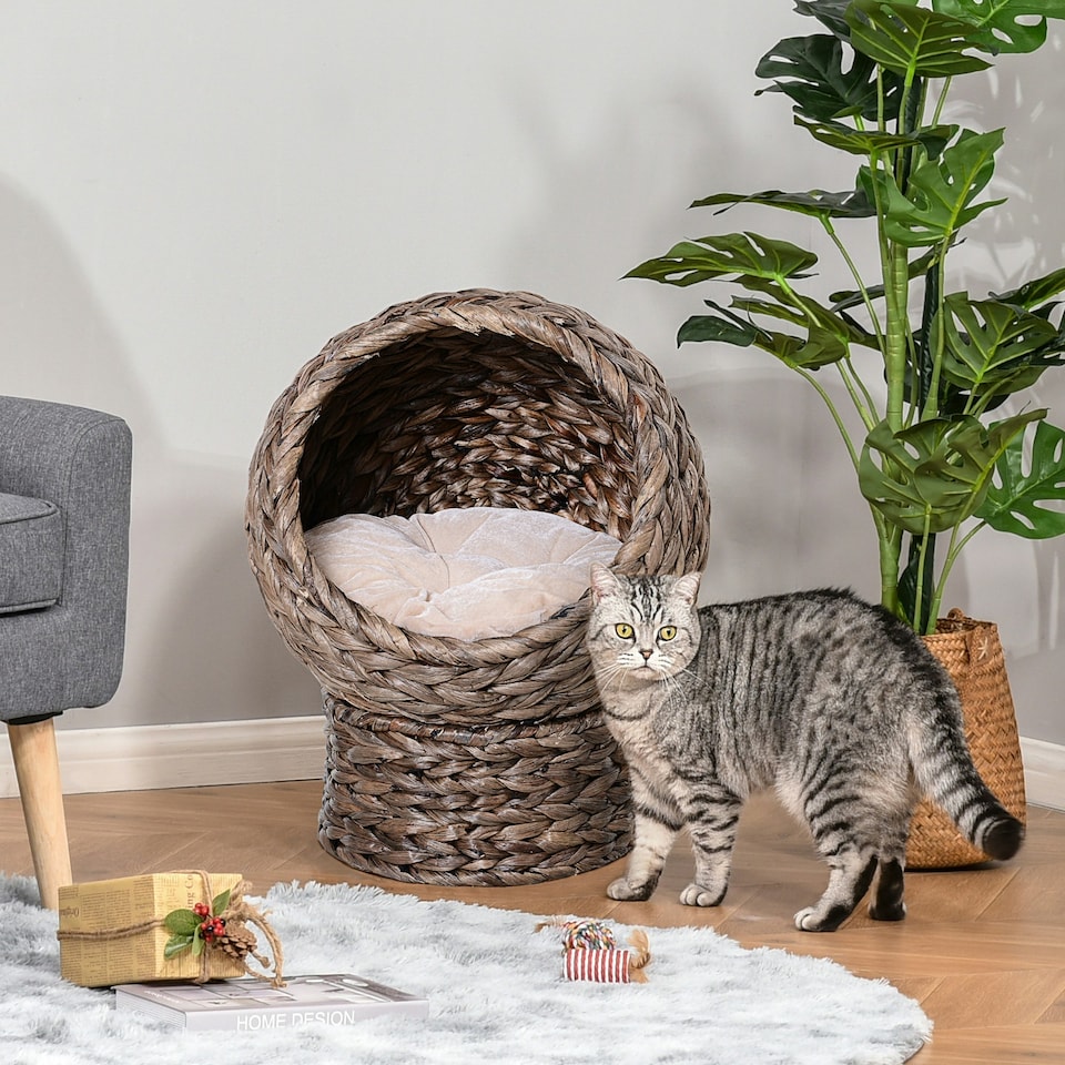 image 1 of PawHut Wicker Cat House, Raised Cat Bed with Cushion, 42 x 33 x 52cm, Dark Brown