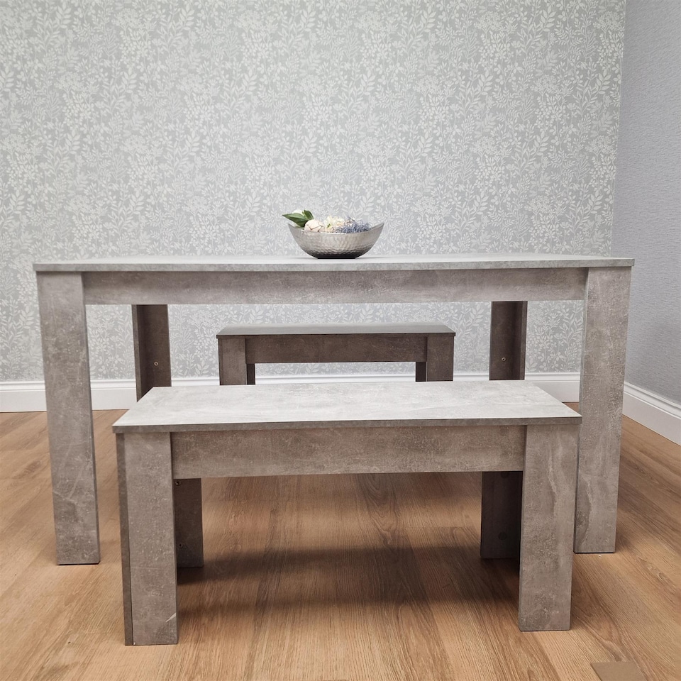 image 1 of Stone Grey Effect Wooden Dining Table with 2 Grey Wood Benches Dining Room Furniture Set | Grey | One Size