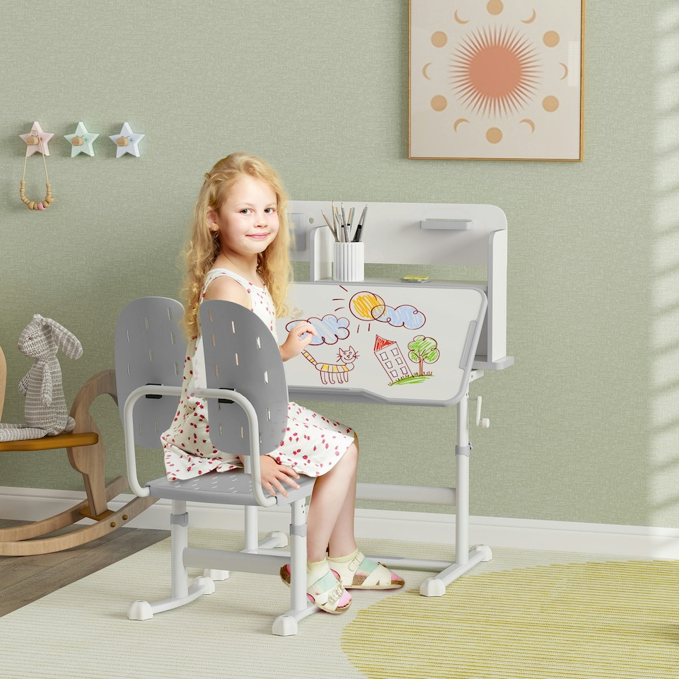 image 1 of AIYAPLAY Kids Desk and Chair Set w/ Tiltable Desktop, Reading Rack, Pink