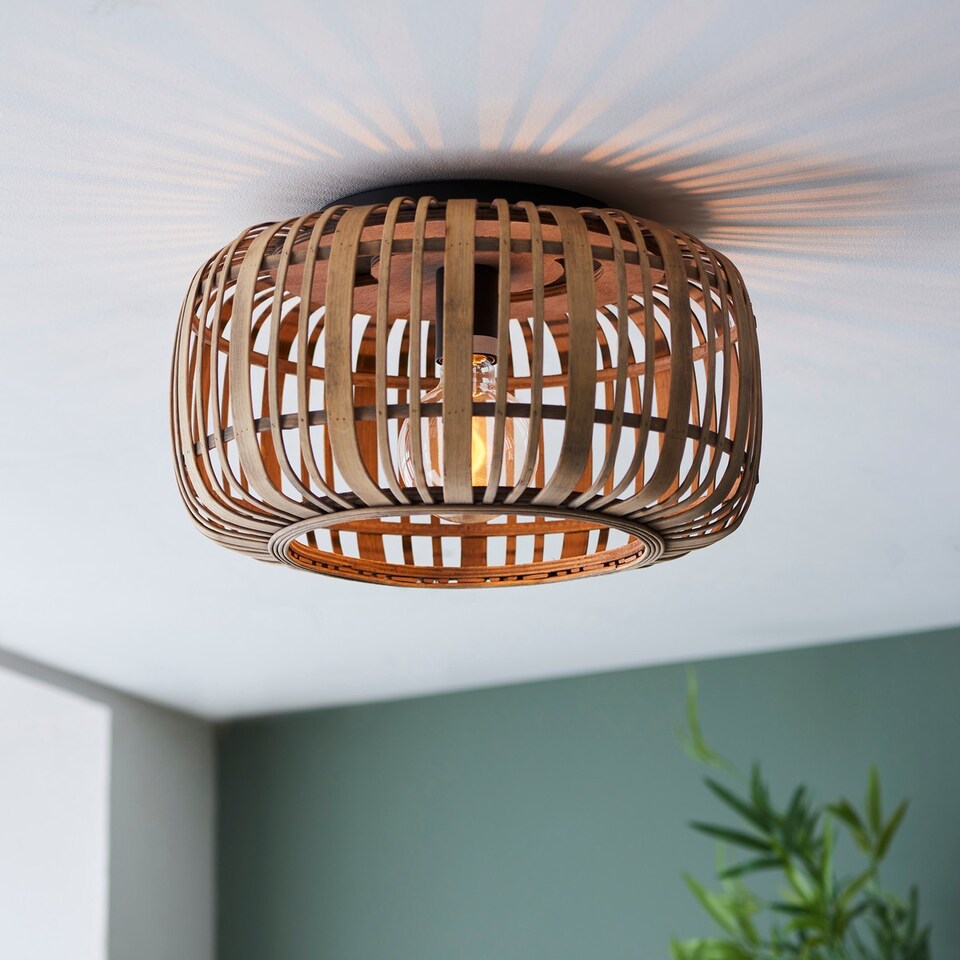 image 1 of Mathias Decorative Flush Ceiling Lamp, Natural Bamboo, Plywood, Matt Black Paint