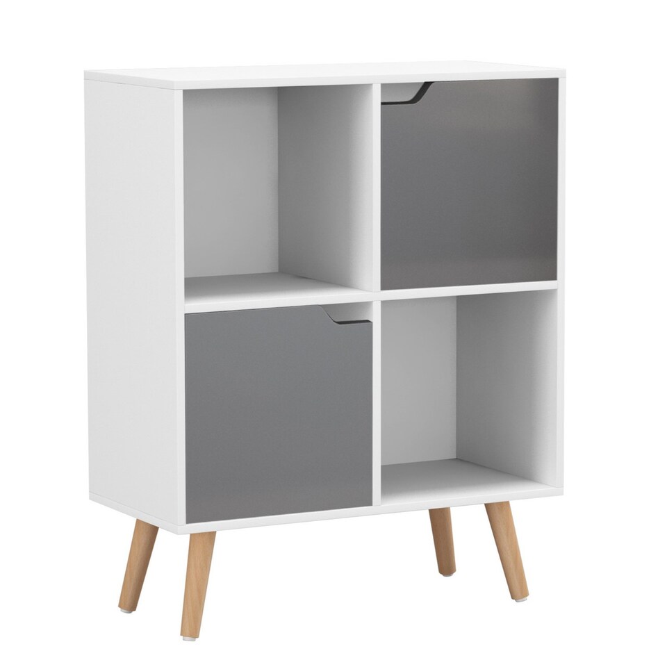 image 1 of White 4-Cube Storage Unit with 2 Wooden Doors and Legs | Grey | Grey & Beech | 1