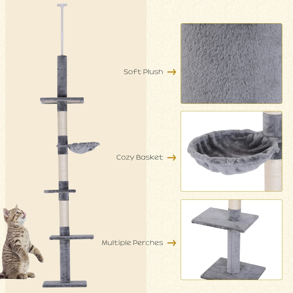image 1 of PawHut Floor to Ceiling Cat Tree 5-Tier Climbing Tower Scratching Post Grey