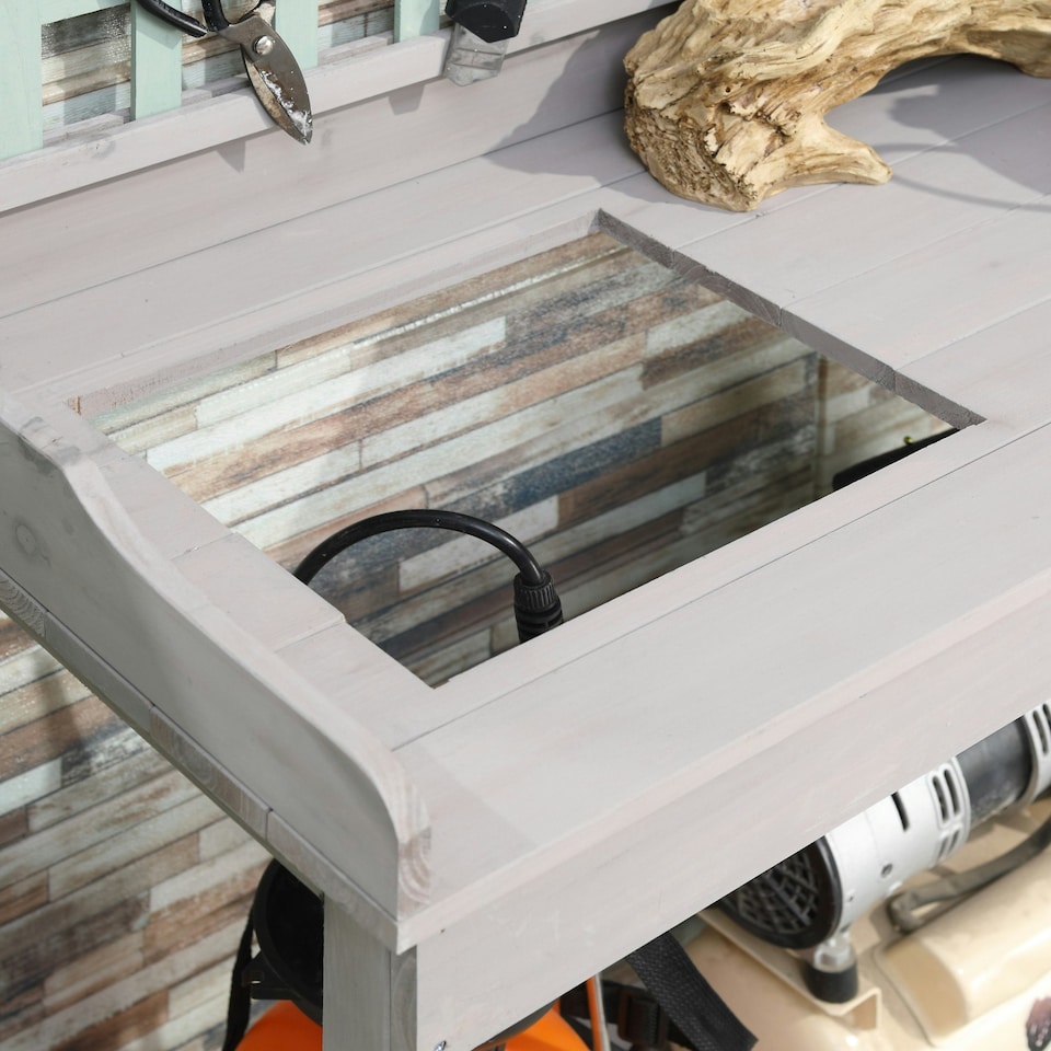 image 1 of HOMCOM Outdoor Potting Table Bench Workstation with Wood Planting Shelves Grey