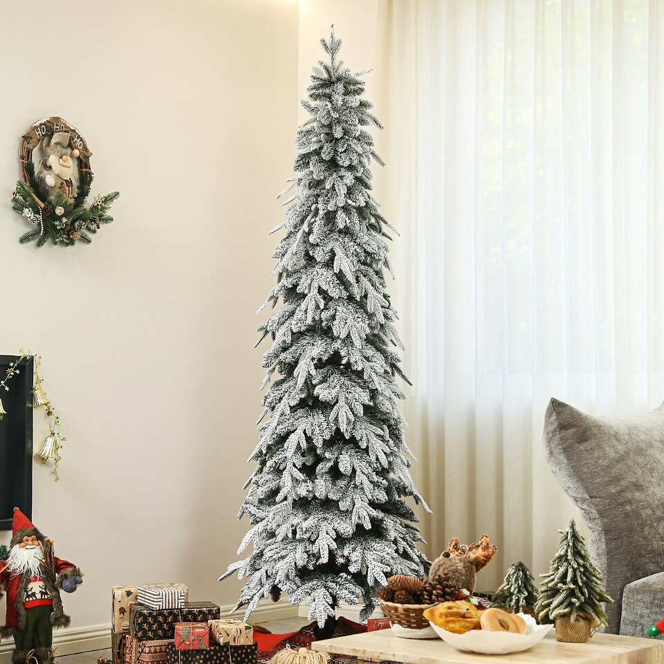 image 1 of HOMCOM 7ft Flocked Pencil Christmas Tree with Auto Open, Steel Base
