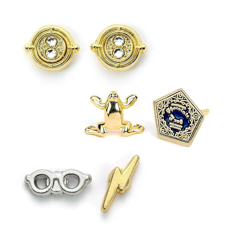 image 1 of Official Harry Potter Stud Earring Set including Time Turners, Chocolate Frogs, and Glasses with Lightning Bolt earrings WE0106