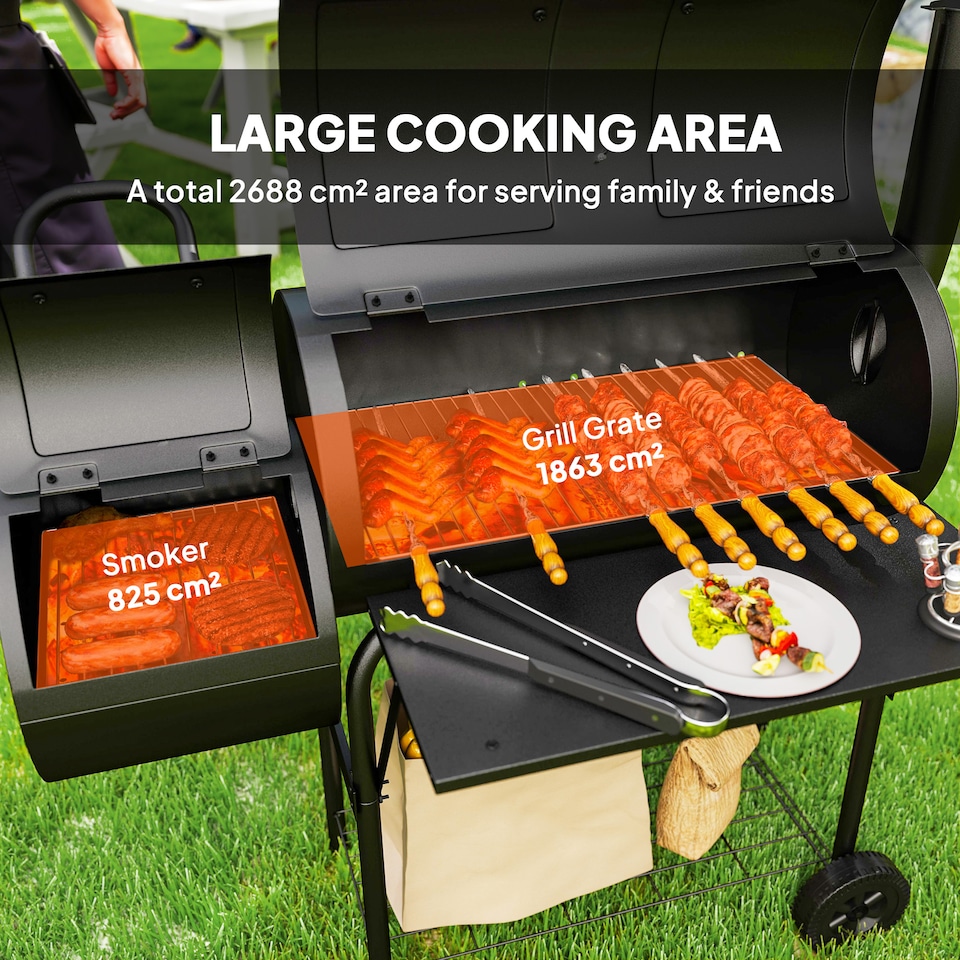image 1 of Outsunny Portable Outdoor Charcoal Grill BBQ Grill with Offset Smoker Black