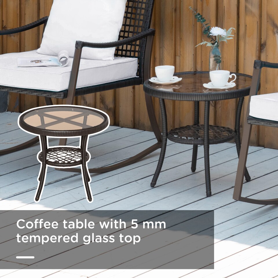 image 1 of Outsunny Rattan Bistro Set, 3 Pieces Wicker Garden Furniture Set with Rocking Chairs and Round Glass Top Coffee Table, Small Balcony Furniture with Cushions for Outdoor, Porch, Brown