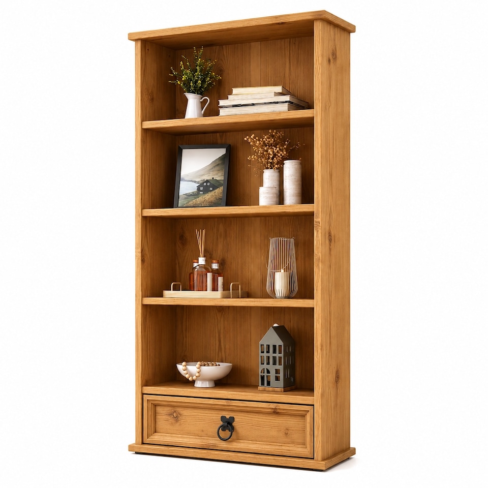 image 1 of Corona Bookcase 1 Drawer DVD Media Rack 4 Shelf Display Storage Unit Solid Mexican Pine