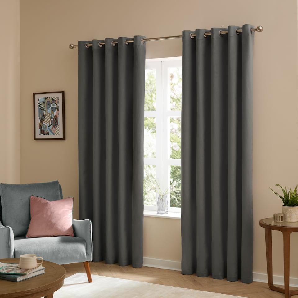 image 1 of furn. The Ultimate Velvet Blackout Eyelet Curtain Pair Charcoal (W)168cmx (D)229cm | Grey | Charcoal | One Size