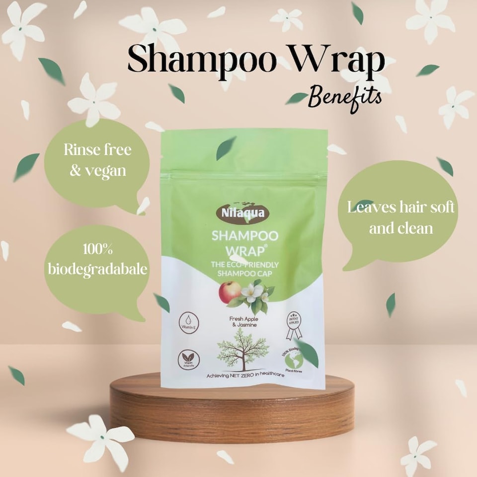 image 1 of Nilaqua No Rinse Shampoo Wrap the World's First Biodegradable Shampoo Cap Biodegradable Bamboo Waterless Hair Wash for Elderly Pleasant Fragrance Fresh Apple & Jasmine + Oatmilk & Honey 3pack