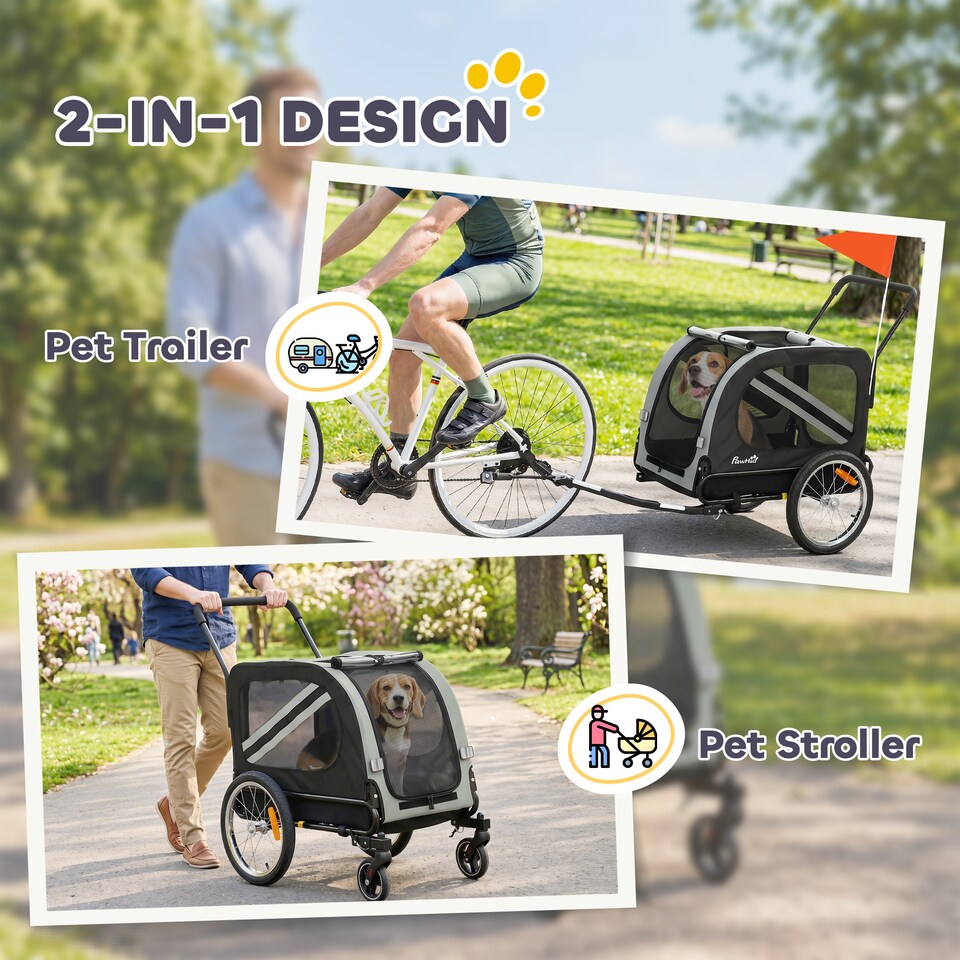 image 1 of PawHut 2-In-1 Dog Bike Trailer Stroller w/ Universal Wheel Reflector Flag