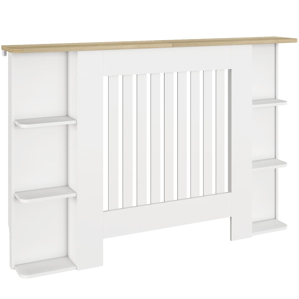 image 1 of HOMCOM Radiator Cover with Open Storage Shelves, Vertical Slatted Cabinet Shelf Heater Cover for Living Room, Hallway, Medium, White (H: 83 / W: 124 / D: 19 cm) | White