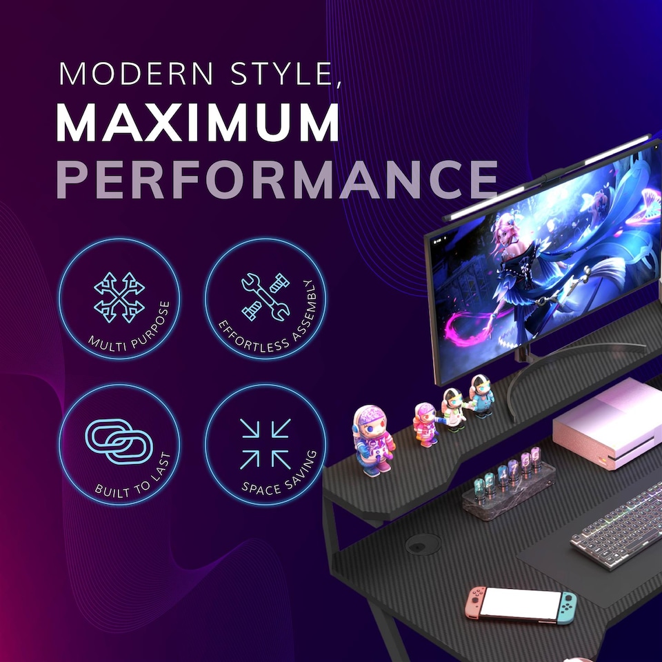 image 1 of House of Home Gaming Desk with Monitor Stand Carbon Fibre Top Black 118cm | Black | 1