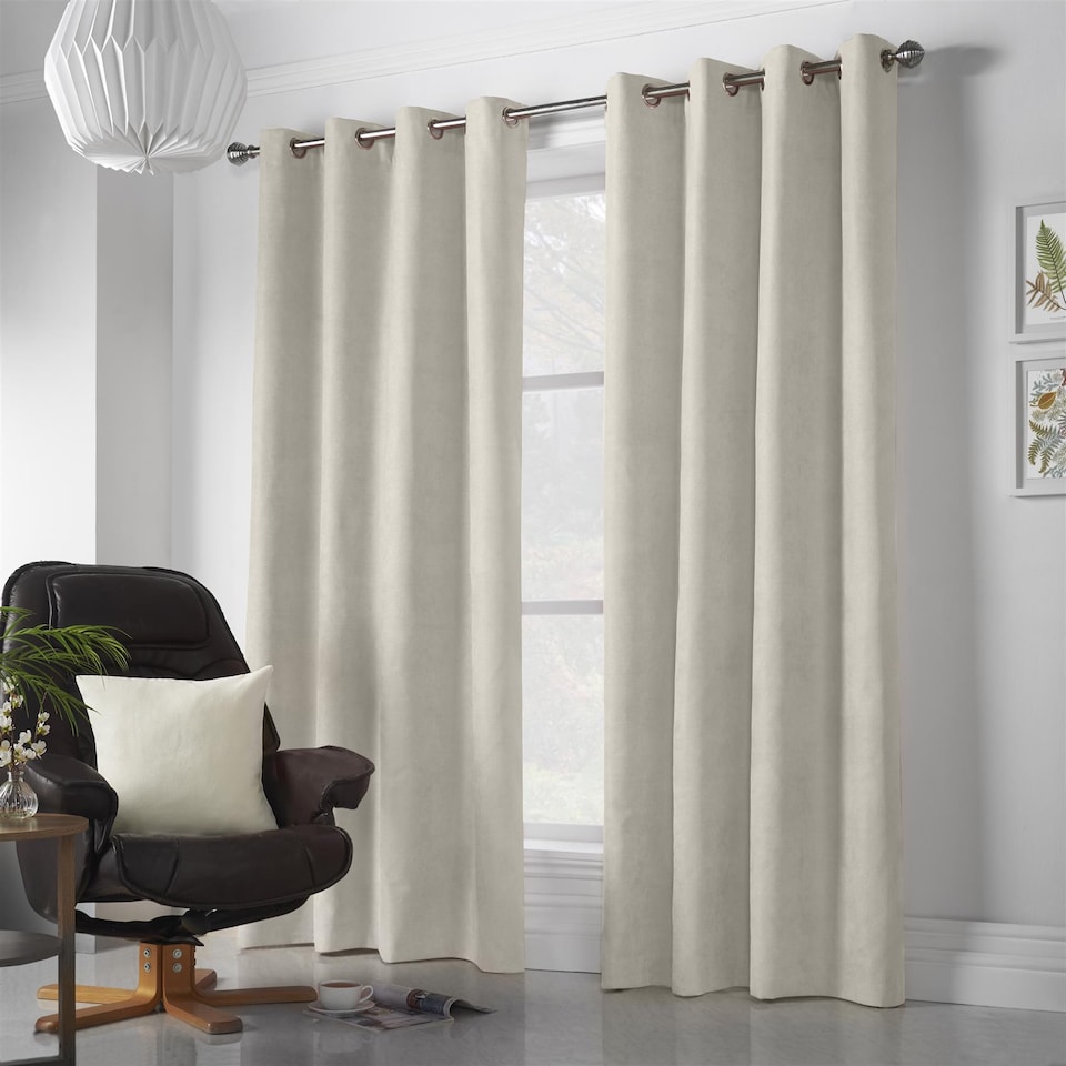 image 1 of Velvet Chenille Eyelet Curtains Ready Made Pair - 142cm x 229cm - Cream