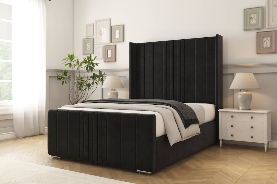 image 1 of Sloomy Hargrave Black Plush Bed Frame With 50"  Upholstered Wingback Headboard 4'6 Double