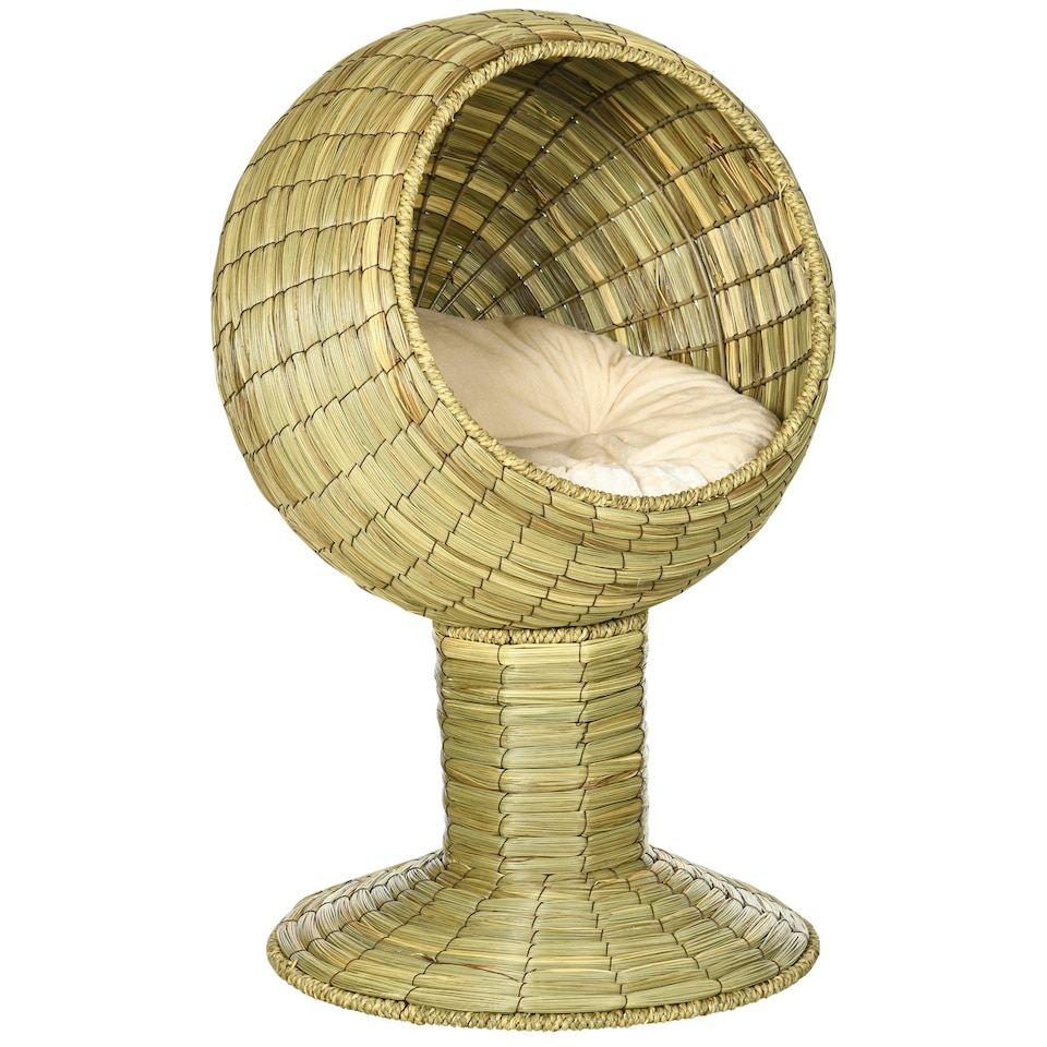 image 1 of PawHut Raised Cat House, Natural Mat Grass Cat Bed w/ Stand Cushion, Φ41x 69 cm