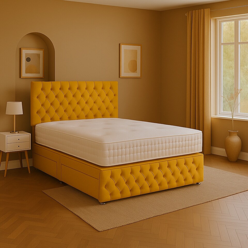 Mustard  Chestefield Crystal Plush   5ft Kingsize Divan Bed Set Headboard & Footboard - No Drawers