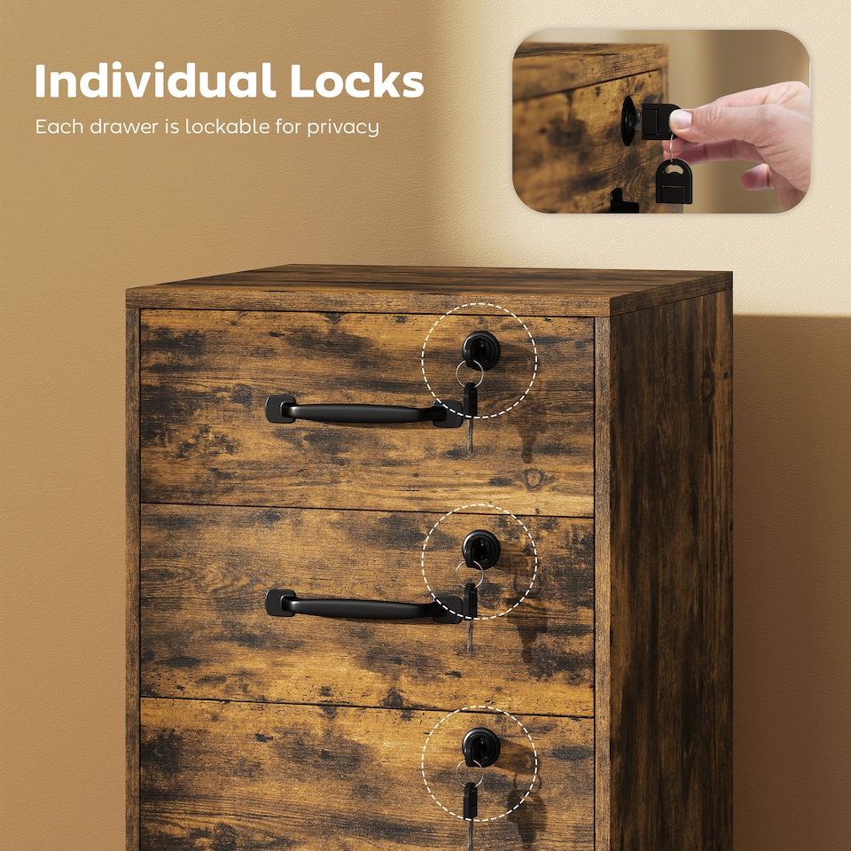 image 1 of HOMCOM Mobile Filing Cabinet with 3 Drawers and Wheels, Lockable Rolling Under Desk Drawers for A4 and Letter Sized Hanging File Holders, Printer Stand for Home Office, Rustic Brown | Brown | Rustic Brown