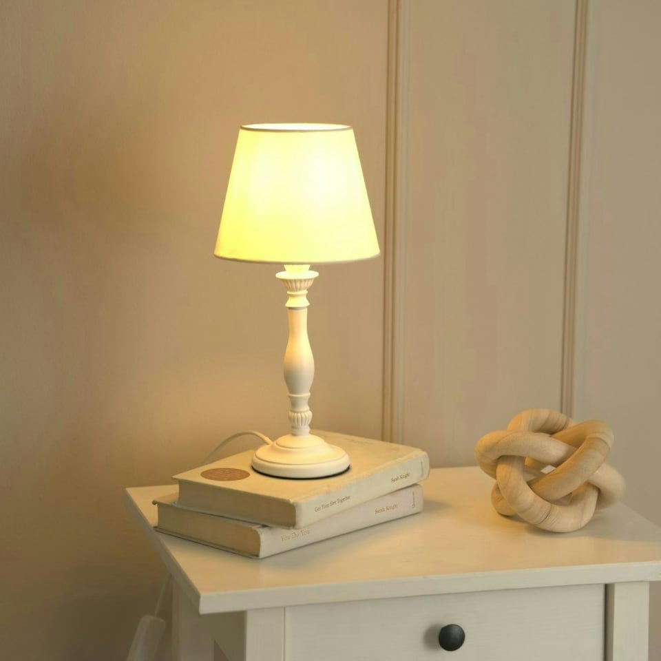image 1 of ValueLights Sara White Wood Traditional Candle Stick Table Lamp with Tapered Lamp Shade and LED Bulb White