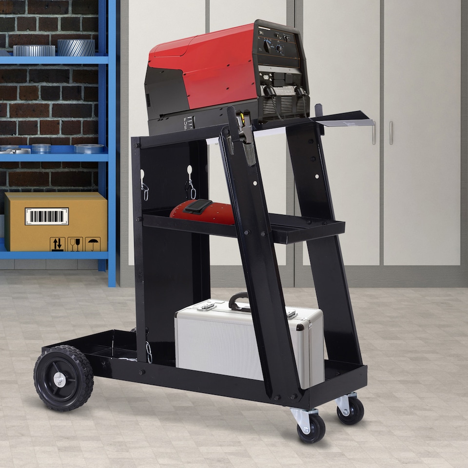 image 1 of DURHAND Welding Cart Welder Trolley Garage for Gas Bottles w  Safety Chain, Wheels, Black