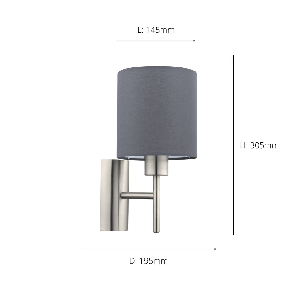 image 1 of EGLO Pasteri Steel Satin Nickel & Grey Fabric Wall Lamp