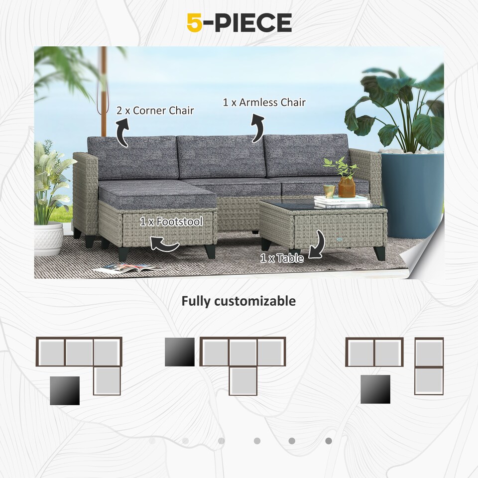 image 1 of Outsunny 5 Pieces PE Rattan Garden Furniture Set, 4 Seater Garden Corner Sofa Set with Glass Coffee Table, Wicker Outdoor Furniture Set with Cushions for Patio Deck, Dark Grey
