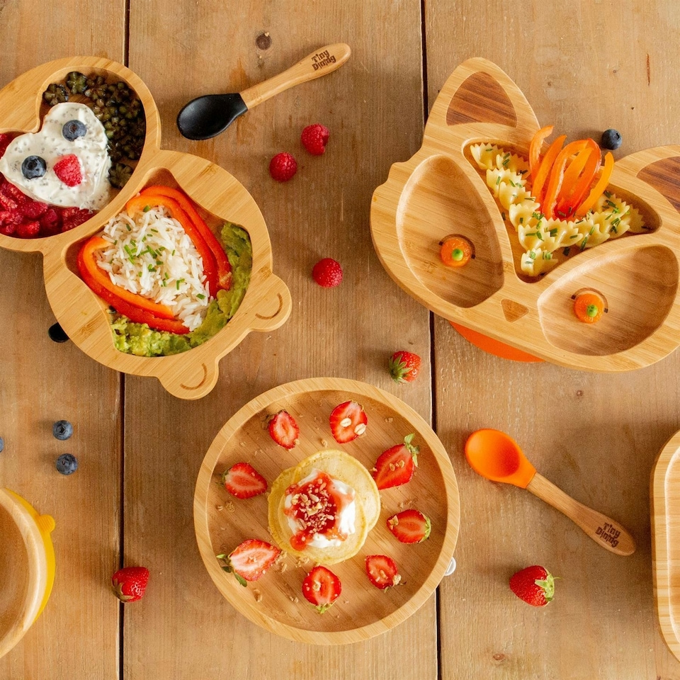 image 1 of Tiny Dining Bamboo Round Baby Weaning Plate & Fork Set - Beige