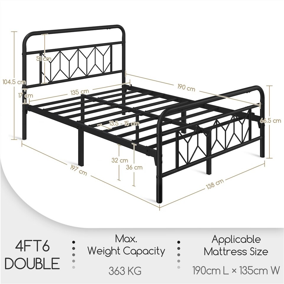 image 1 of Yaheetech 4ft6 Double Vintage Metal Bed Frame with Diamond Pattern Headboard Black