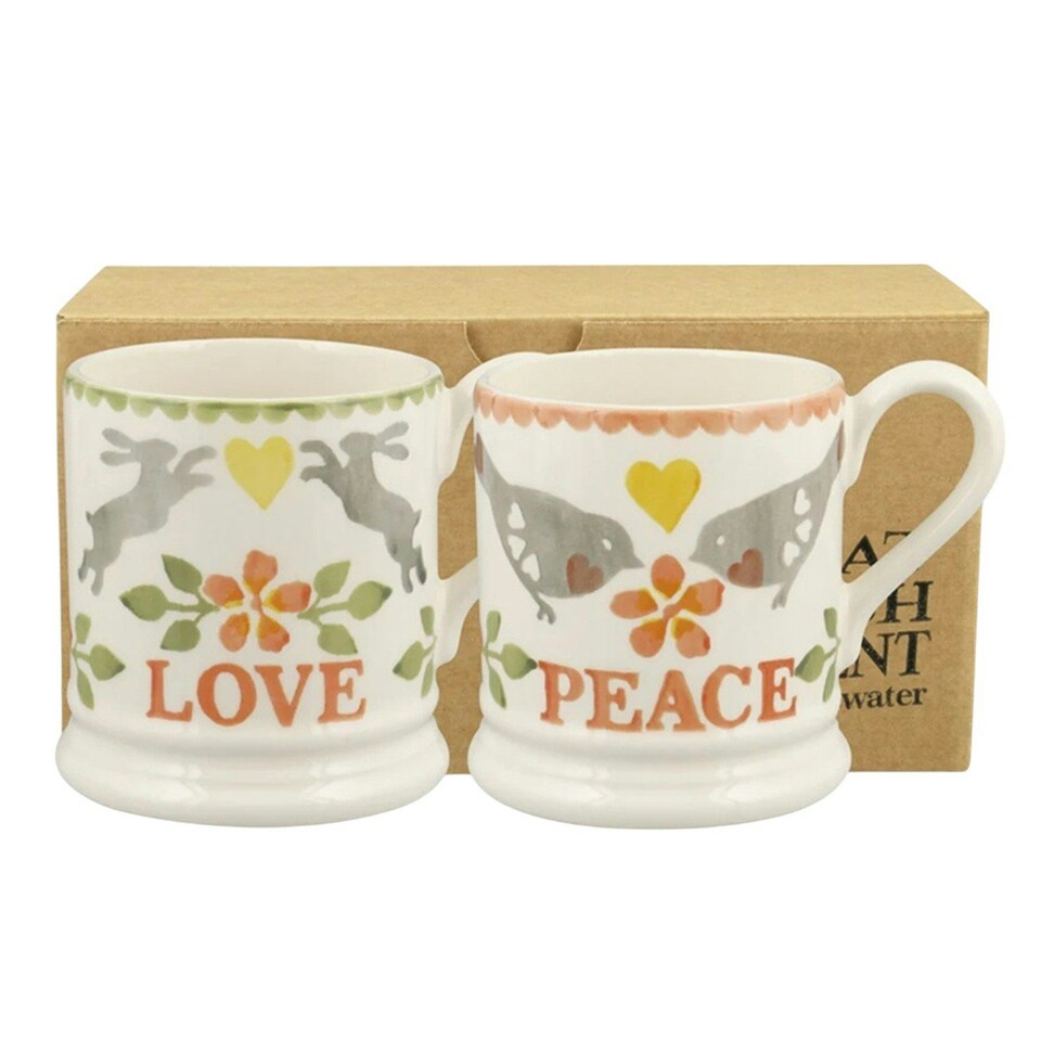image 1 of Mug Set: 2 x 300ml Emma Bridgewater Coral Peace and Love Birds, Ceramic White