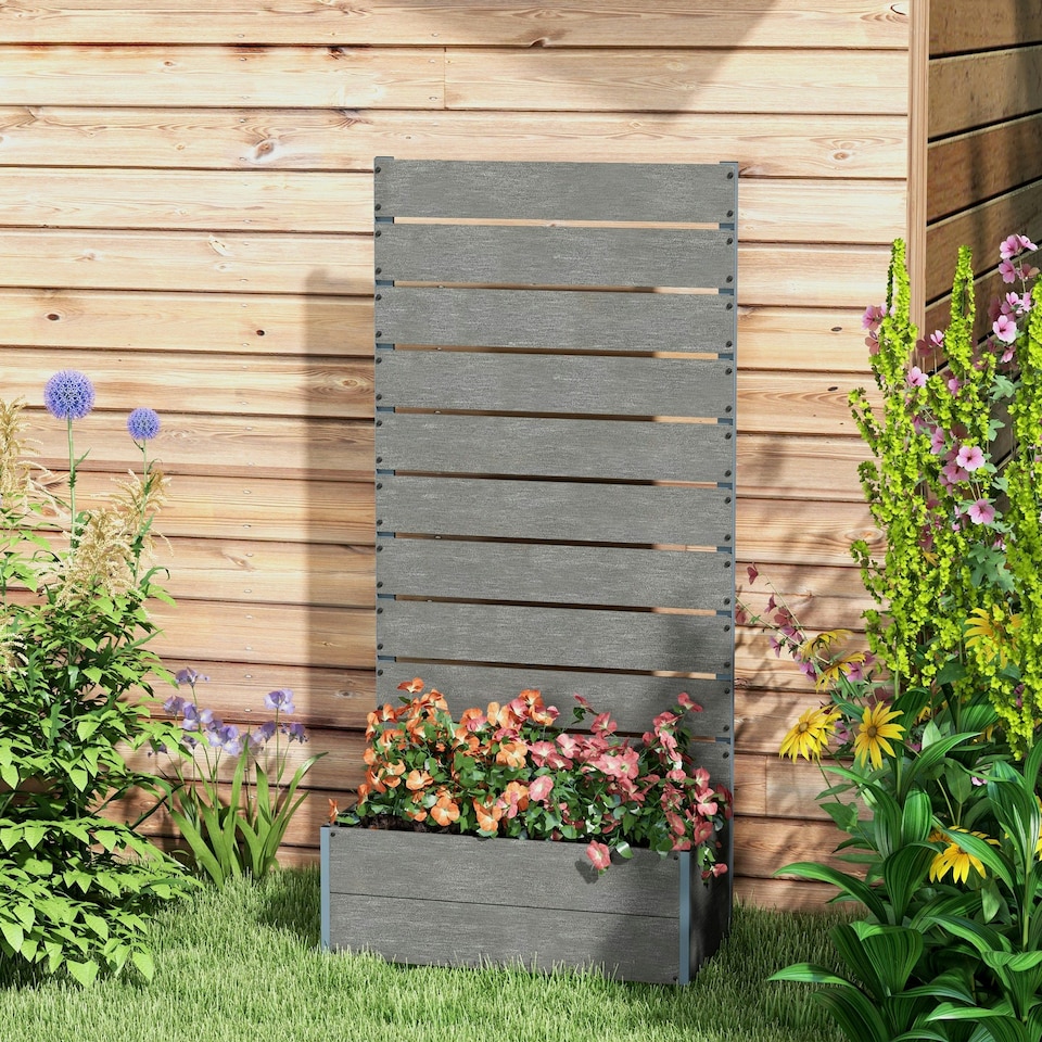image 1 of Outsunny Raised Garden Bed with Trellis and Drainage Hole, Planter Box Grey