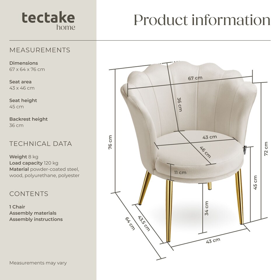image 1 of Armchair Stella - faux fur or velvet, thick padding, 67x64x76cm | Cream | velvet look cream/gold | One Size | 1