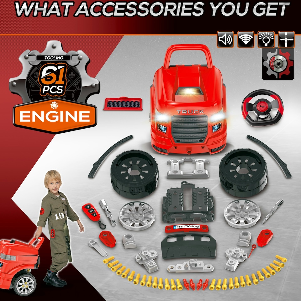 image 1 of HOMCOM Kids Truck Engine Toy Set w/ Horn, Light, Car Key for 3-5 Years Old Red