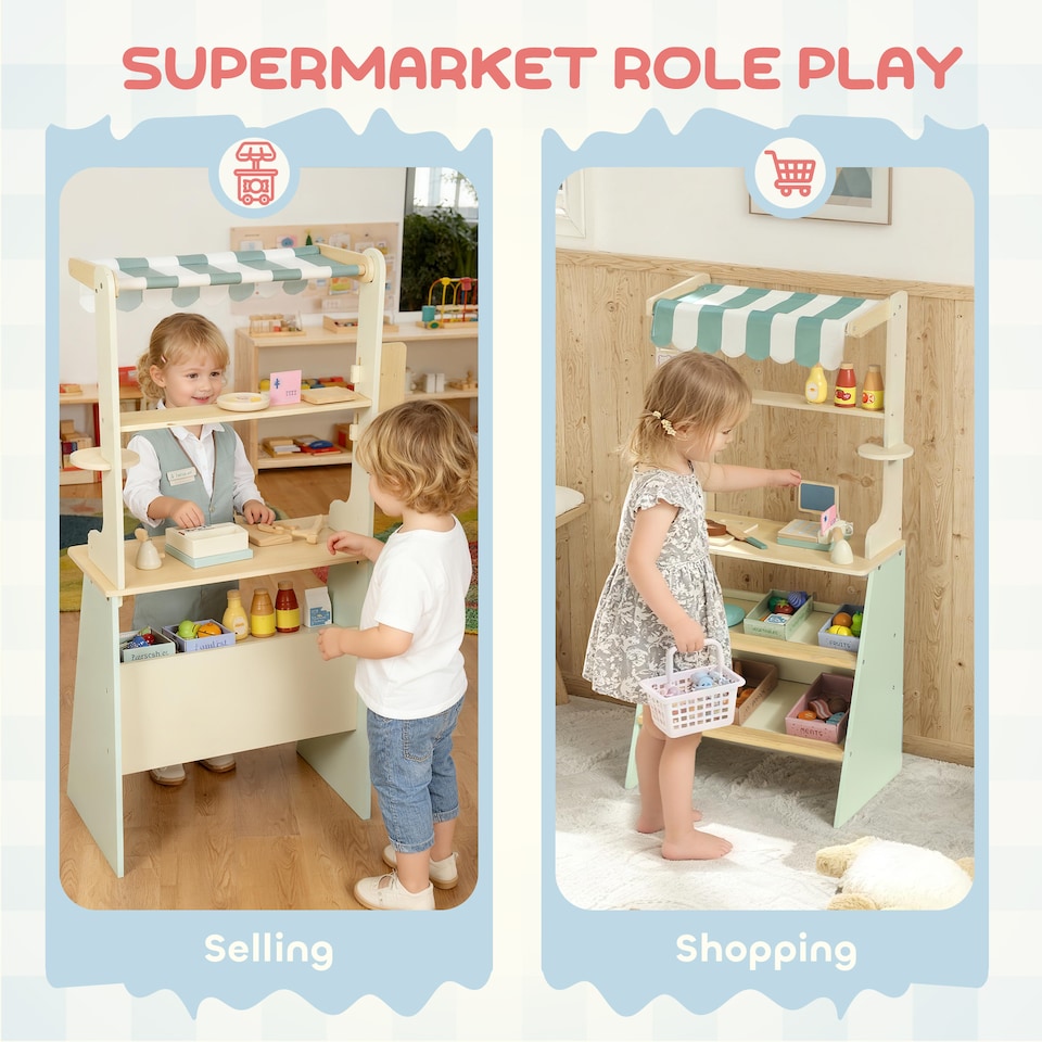 image 1 of AIYAPLAY Wooden Toy Shop, Supermarket Role Play with 34 Accessories, Green