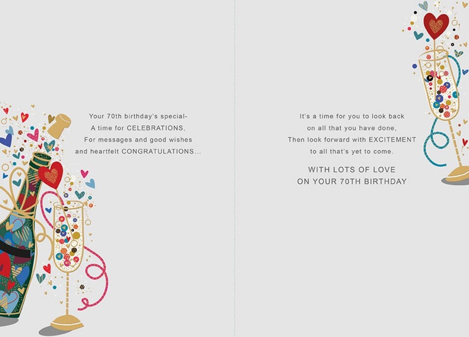 image 1 of Words 'n' Wishes Wonderful Husband 70th Birthday Card - Husband Age 70 with Artistic 'Celebrate' Champagne and Hearts Design