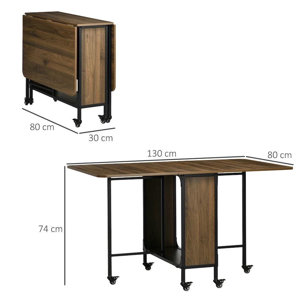 image 1 of HOMCOM Mobile Drop Leaf Dining Table on Wheels with Shelf Light Brown