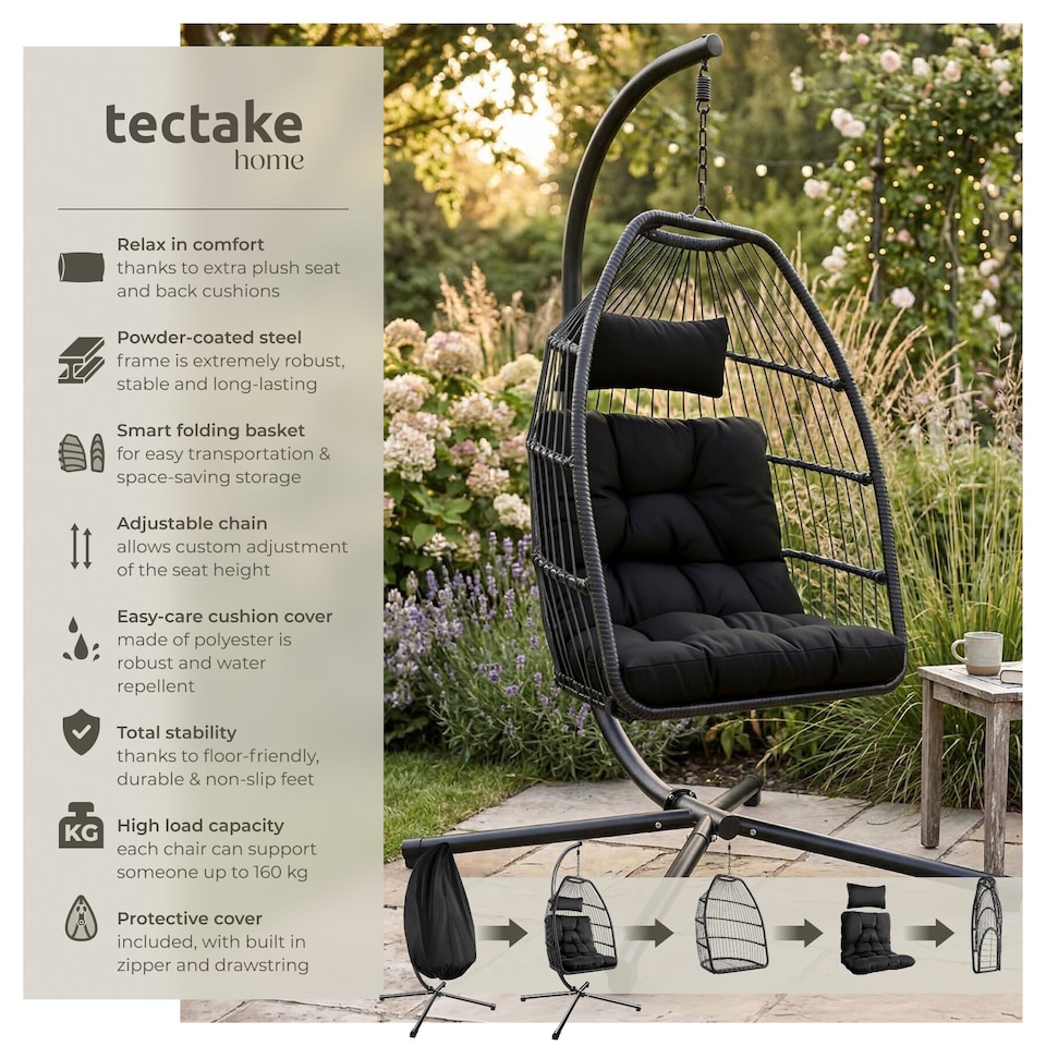 image 1 of Egg Chair Ariane with Swing Seat Frame, Thick Cushions and Protective Cover | Black | black | 1