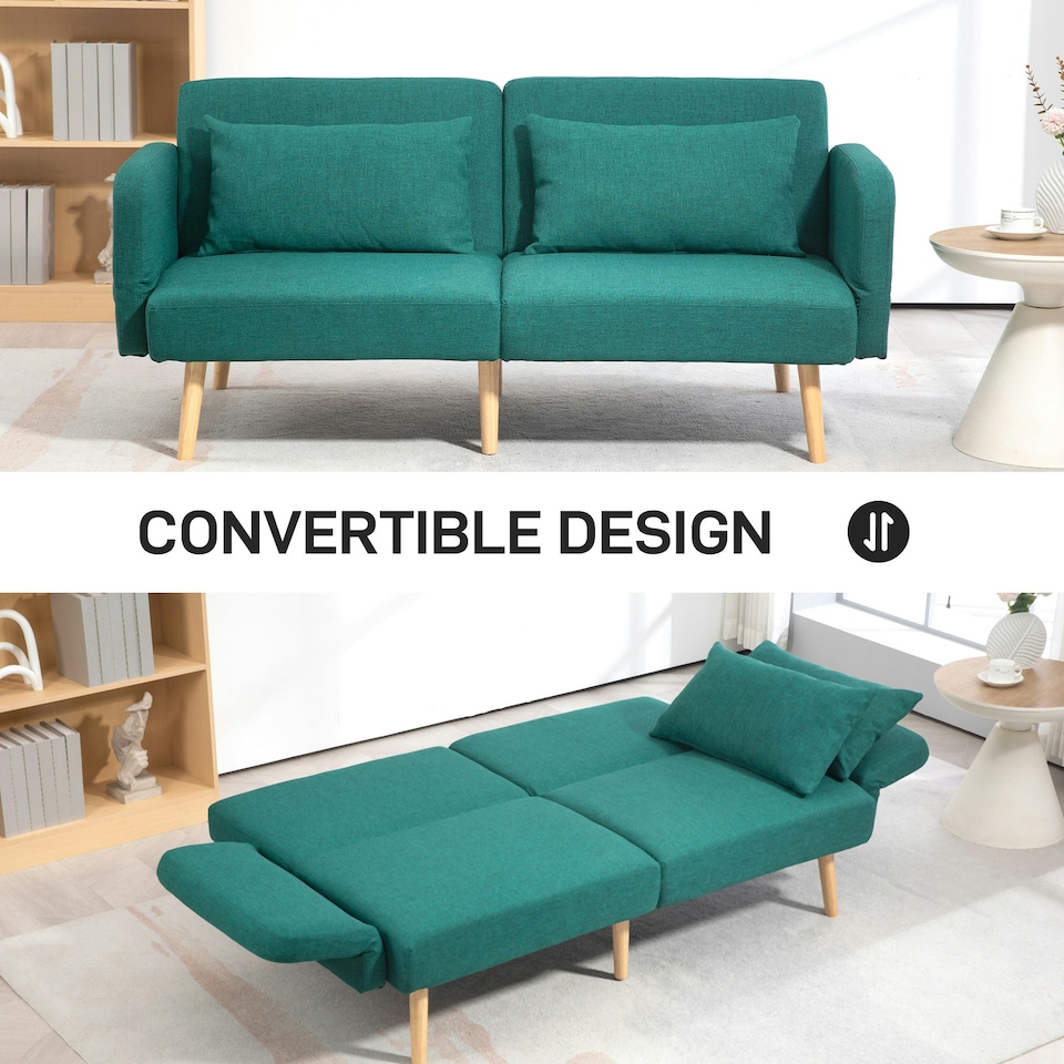 image 1 of HOMCOM Convertible Sofa Bed Settee with Cushions, Adjustable Backrest, Green