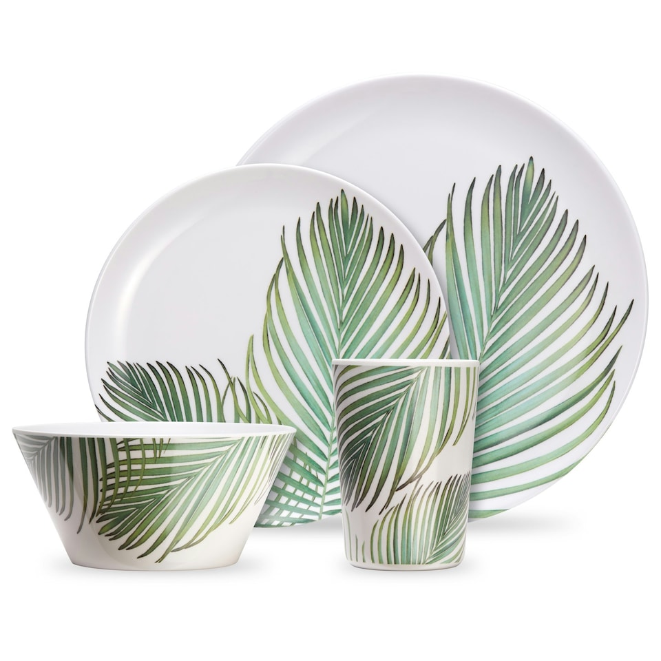 image 1 of VonShef Melamine Dinnerware Set, 16Pc Leaf Print Dinner Set
